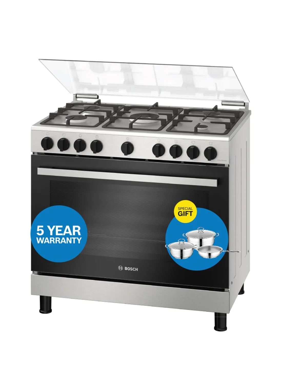 Premium Freestanding Gas Range Cooker with 125L Oven and 5 Burners (Stainless Steel, 90x60 cm) tf518