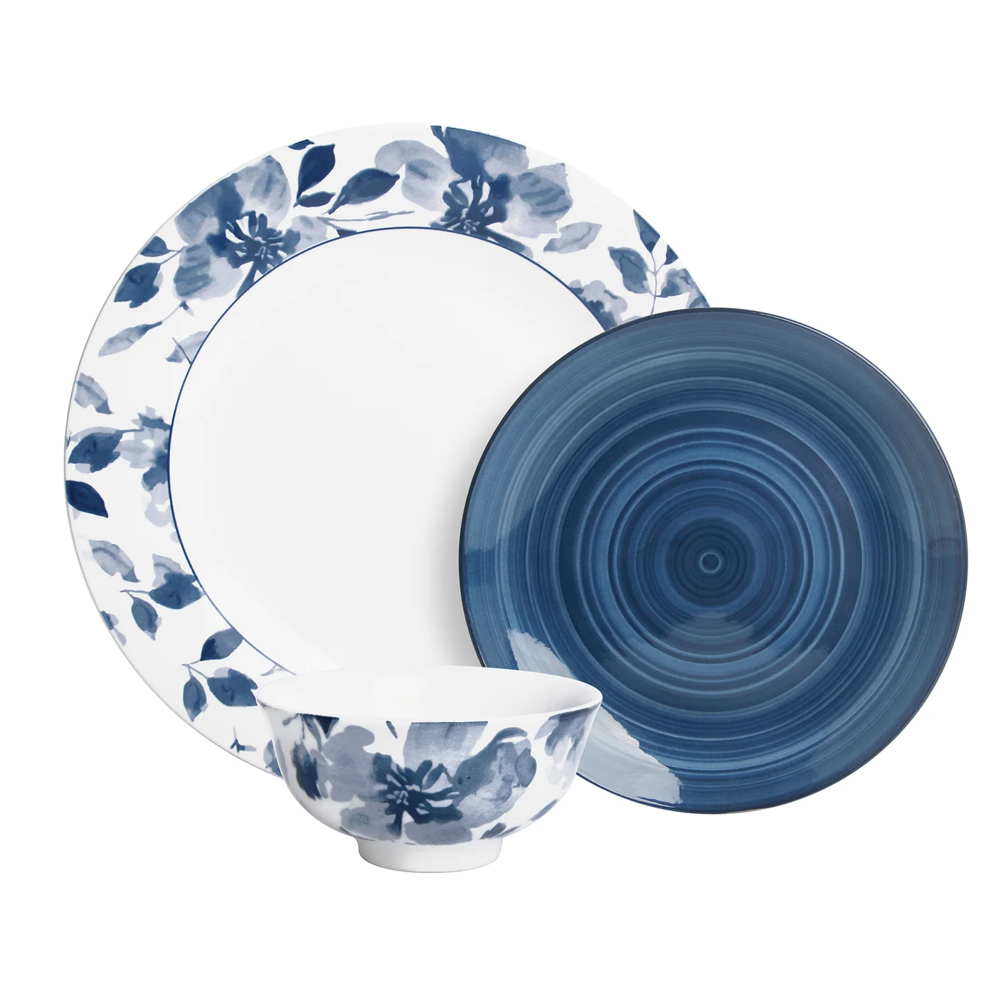 Shallow STAL Porcelain 18-Piece Dinnerware Set Floral Pattern Premium Tableware for Ramadan Iftar Family Dining (White/Blue, 18-Piece) rd5g1