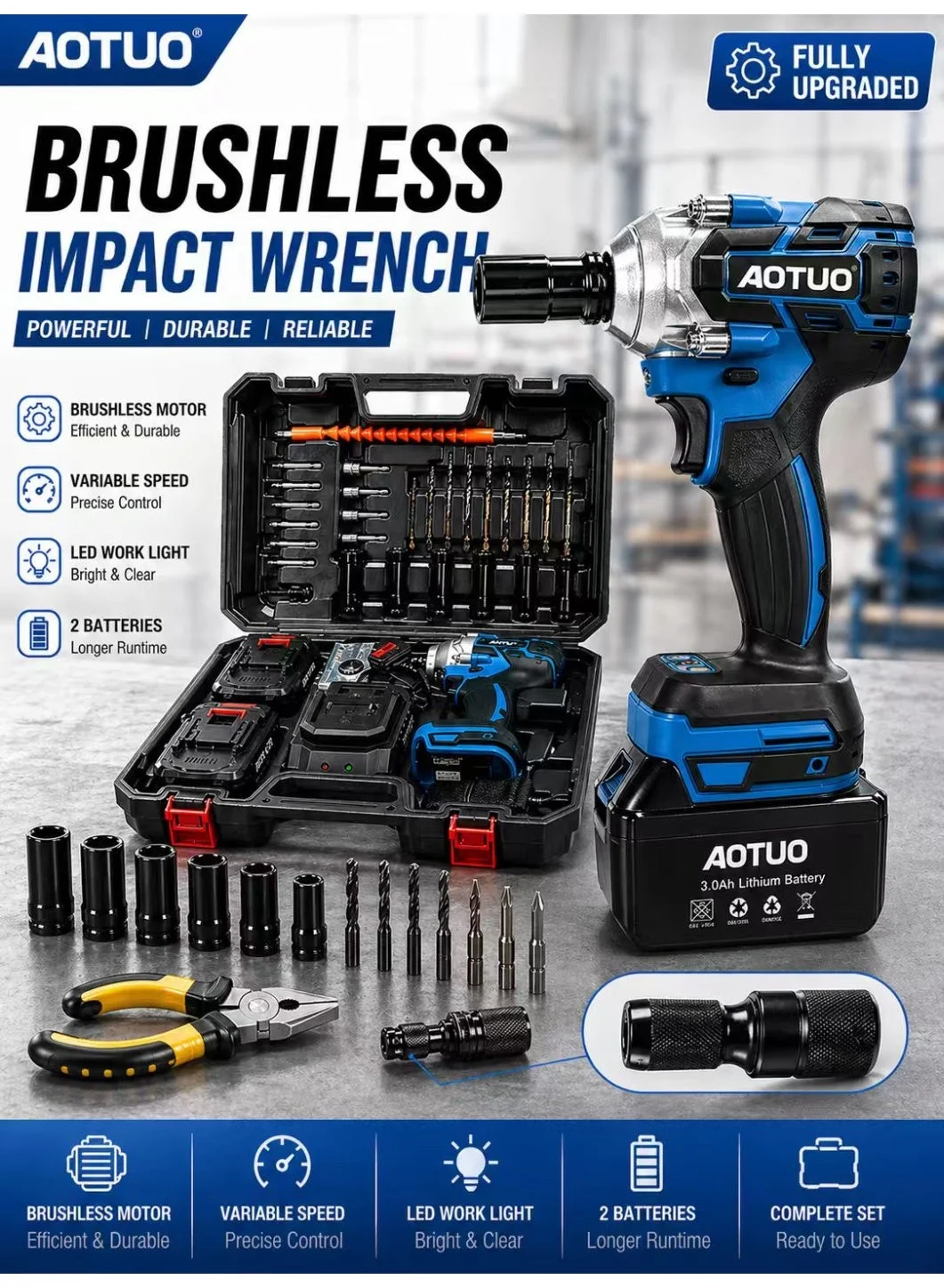 AOTUO Brushless Impact Wrench Set with 2 Batteries and Fast Charger (98V, 4.0Ah) vzfgm