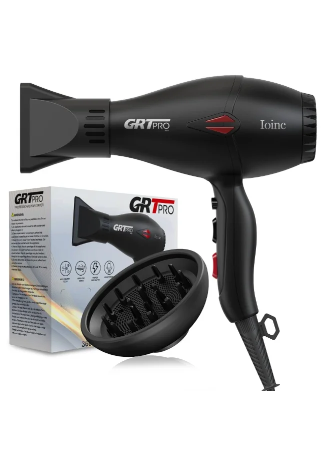 GRT PRO Professional Ionic Hair Dryer 2400W High-Speed AC Motor with Diffuser and Nozzle Attachments (2400W, Black) lrurx
