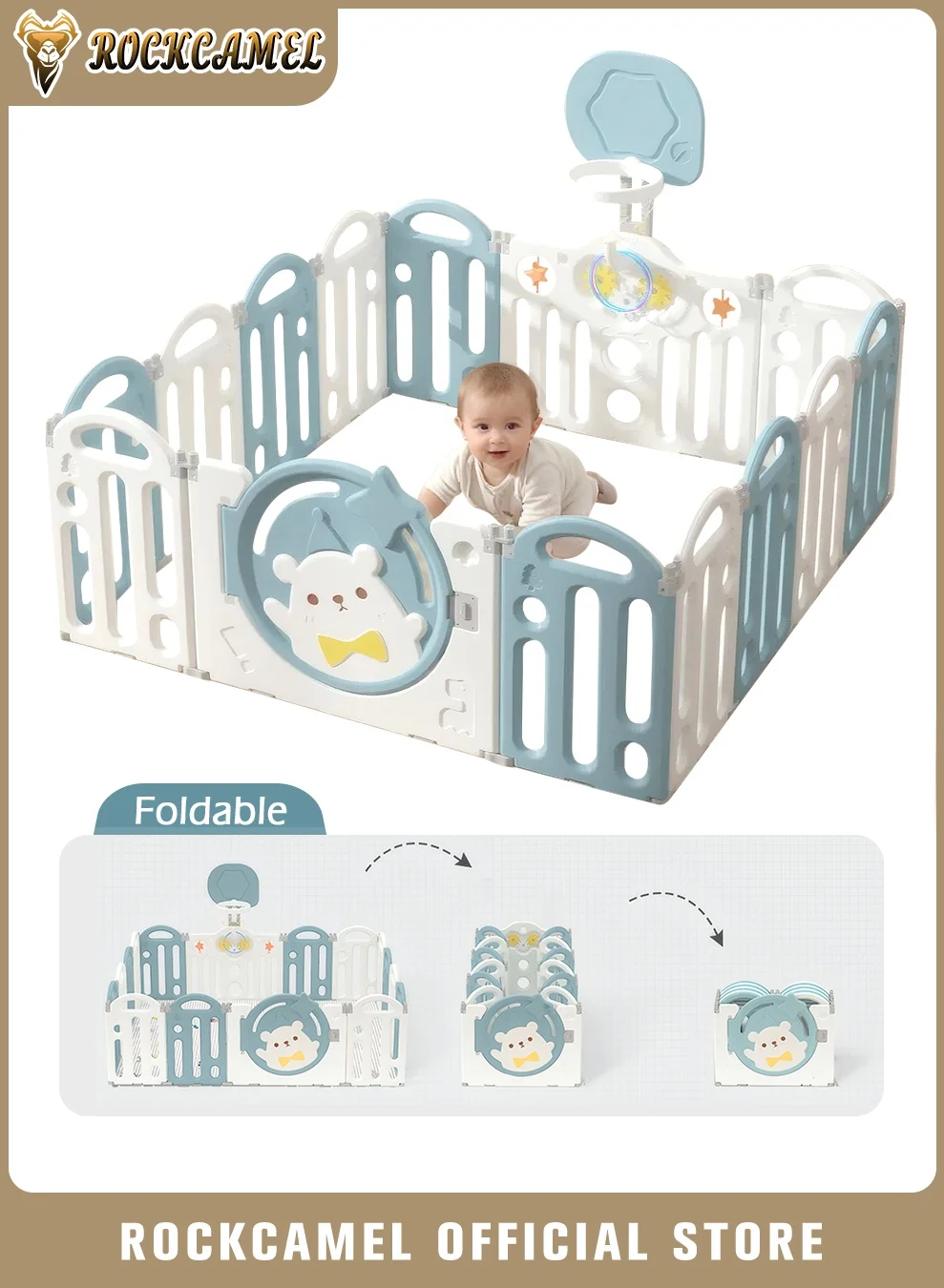 ROCKCAMEL Baby Playpen 14-Panel Foldable Activity Center with Locking Gate and Basketball Hoop (Blue, 156 x 156cm) a0lyd