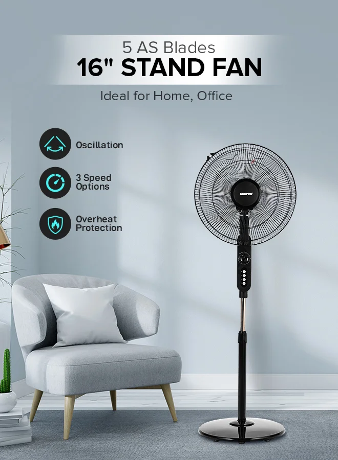 GEEPAS Stand Fan with 5 Leaf Blades 3 Speed Settings Adjustable Height and Tilt 60W (Multicolour) jztc9