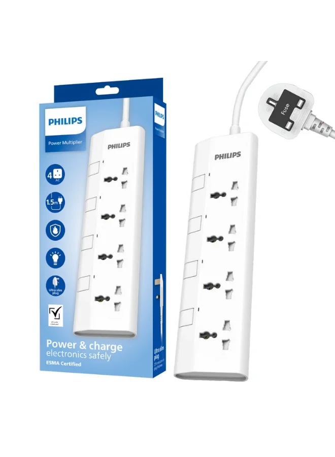 Professional 4-Way Universal Power Extension Cord with Individual Switches, Heavy-Duty Fire-Resistant Cable, UK Plug (White, 1.5m) sivew