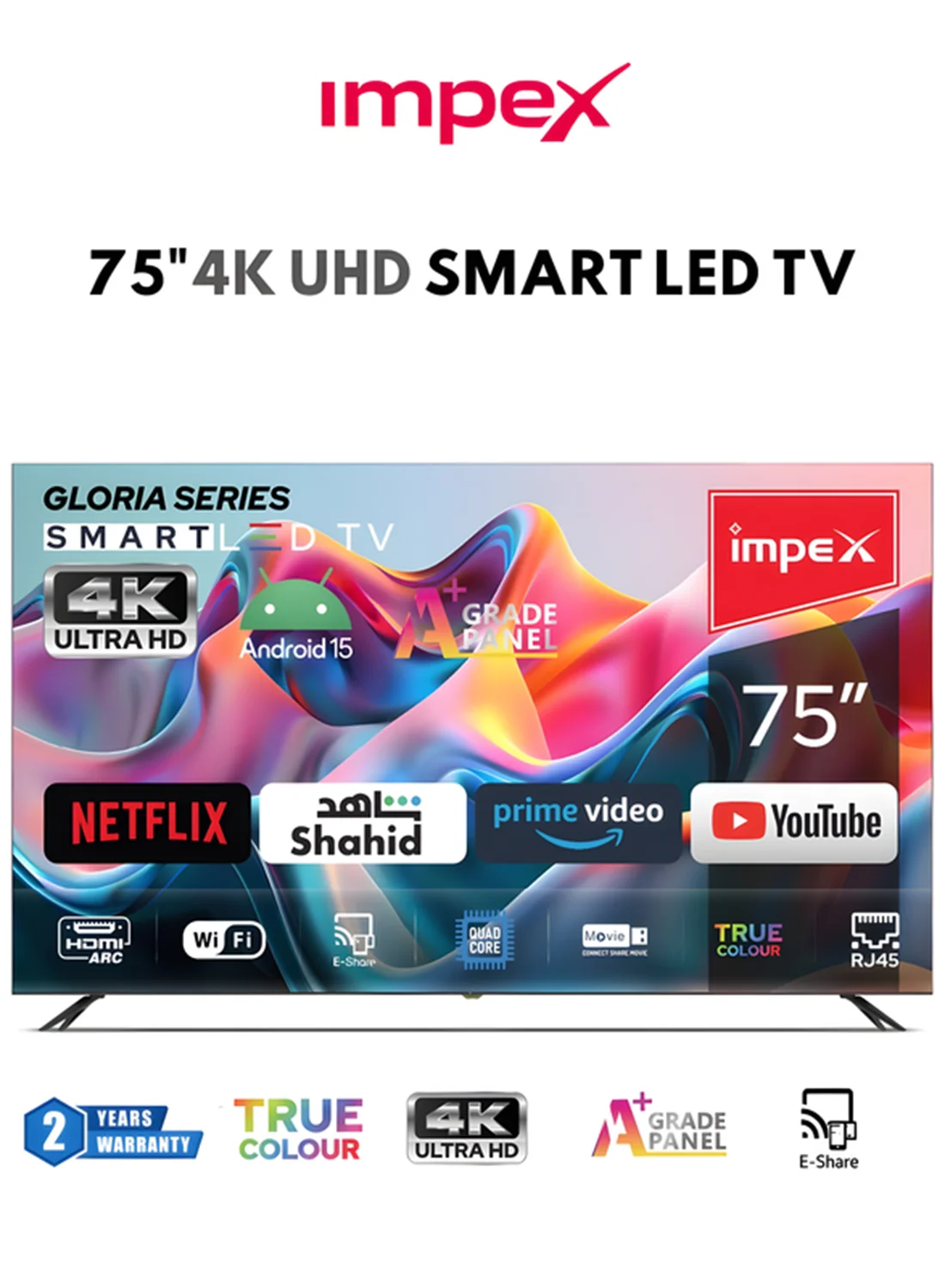 Impex 75 Inch 4K Ultra HD Smart LED TV Frameless Android Display with Quad Core Processor (Black, 190 cm) v70fv