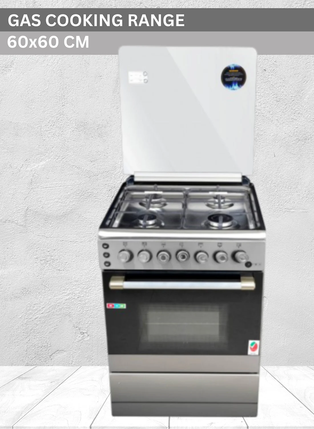 AFRA Freestanding Gas Cooking Range with 4 Burners and Rotisserie Oven (Silver, 60x60cm) lr83t