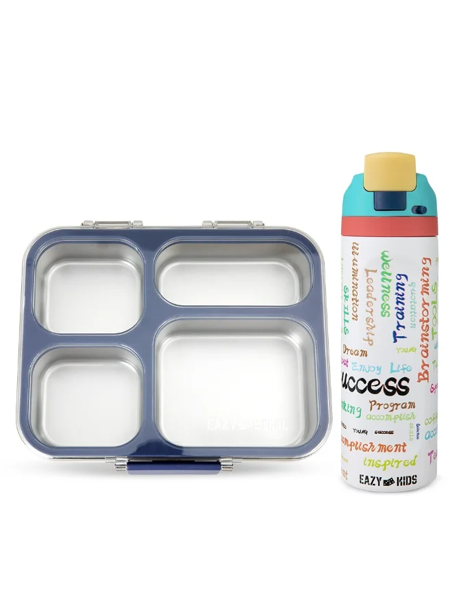 Eazy Kids Stainless Steel Bento Lunch Box Set with Water Bottle (Blue, 945ml and 710ml) quxfx