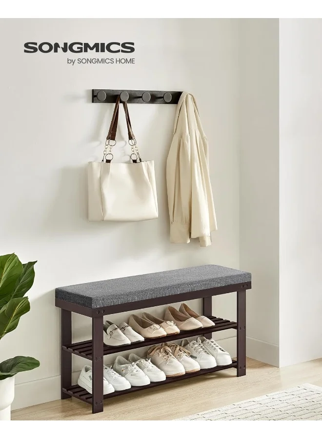Premium Bamboo Shoe Bench 3-Tier Entryway Organizer with Seat (Rustic Walnut and Slate Gray, 30.2 x 89.9 x 48.8 cm) 0rldb