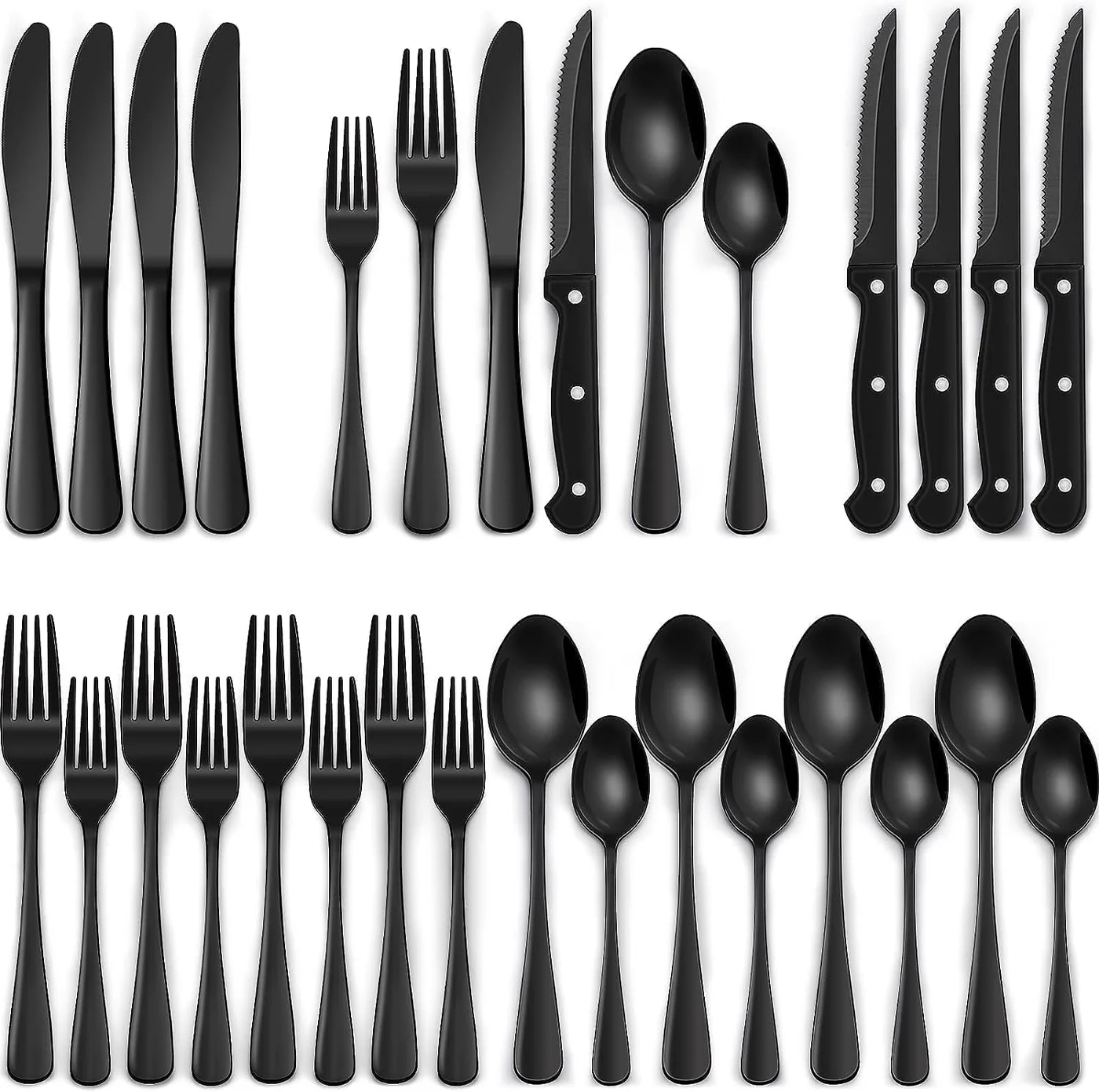 ChicAbode 24-Piece Flatware Set with Steak Knives, Premium Stainless Steel Cutlery for 4, Mirror-Finished Tableware (Black, 24-Piece) v98xa