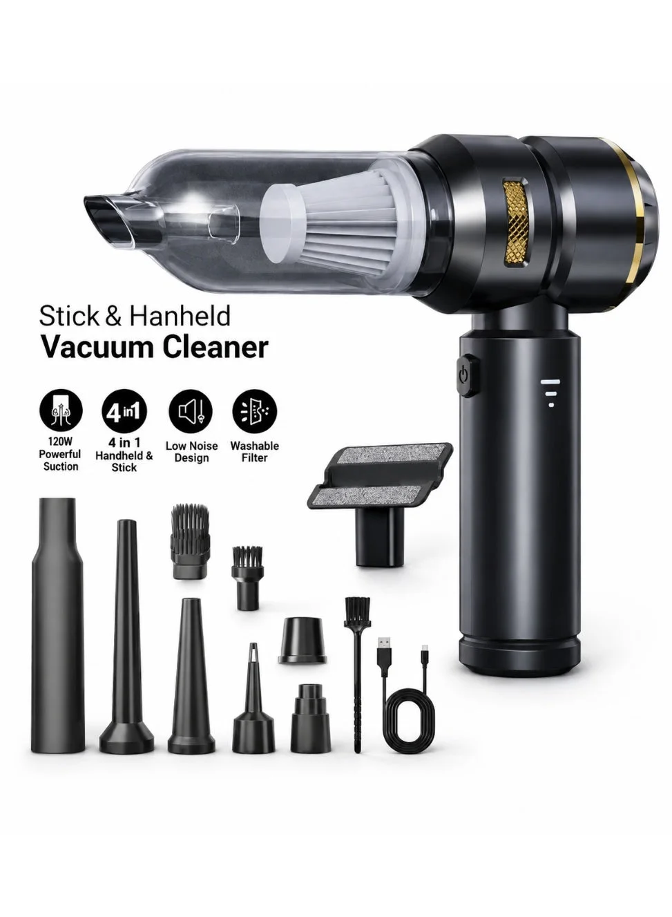 XVersion 2-in-1 Cordless Handheld Vacuum and Electric Air Duster, High-Power 16000PA Suction, Portable Rechargeable Cleaner for Car, Keyboard, and Home (Black) fx01l