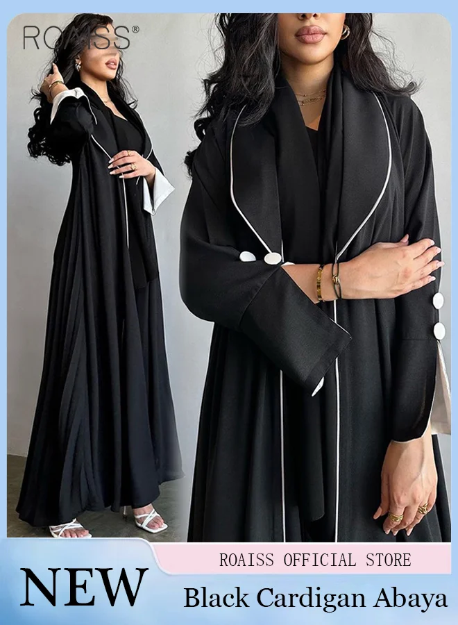 Roaiss Elegant Cardigan Abaya for Women Long Sleeve Lapel Back Pleated Formal Coat (Black, One Size) jgw5l