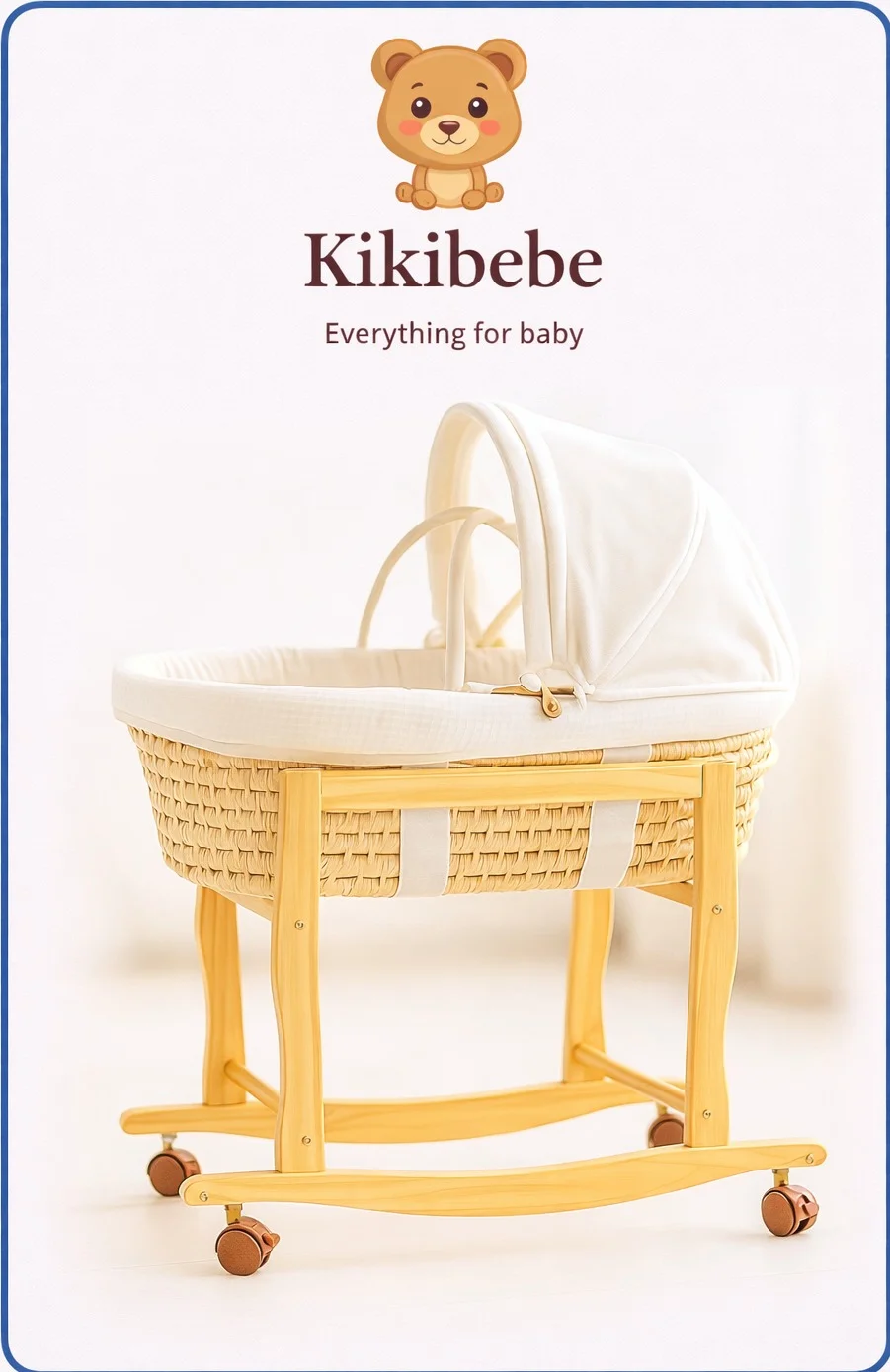 Kikibebe Natural Wooden Moses Basket Portable Baby Bed for Newborns (Beige, 80 cm x 45 cm) x5urg