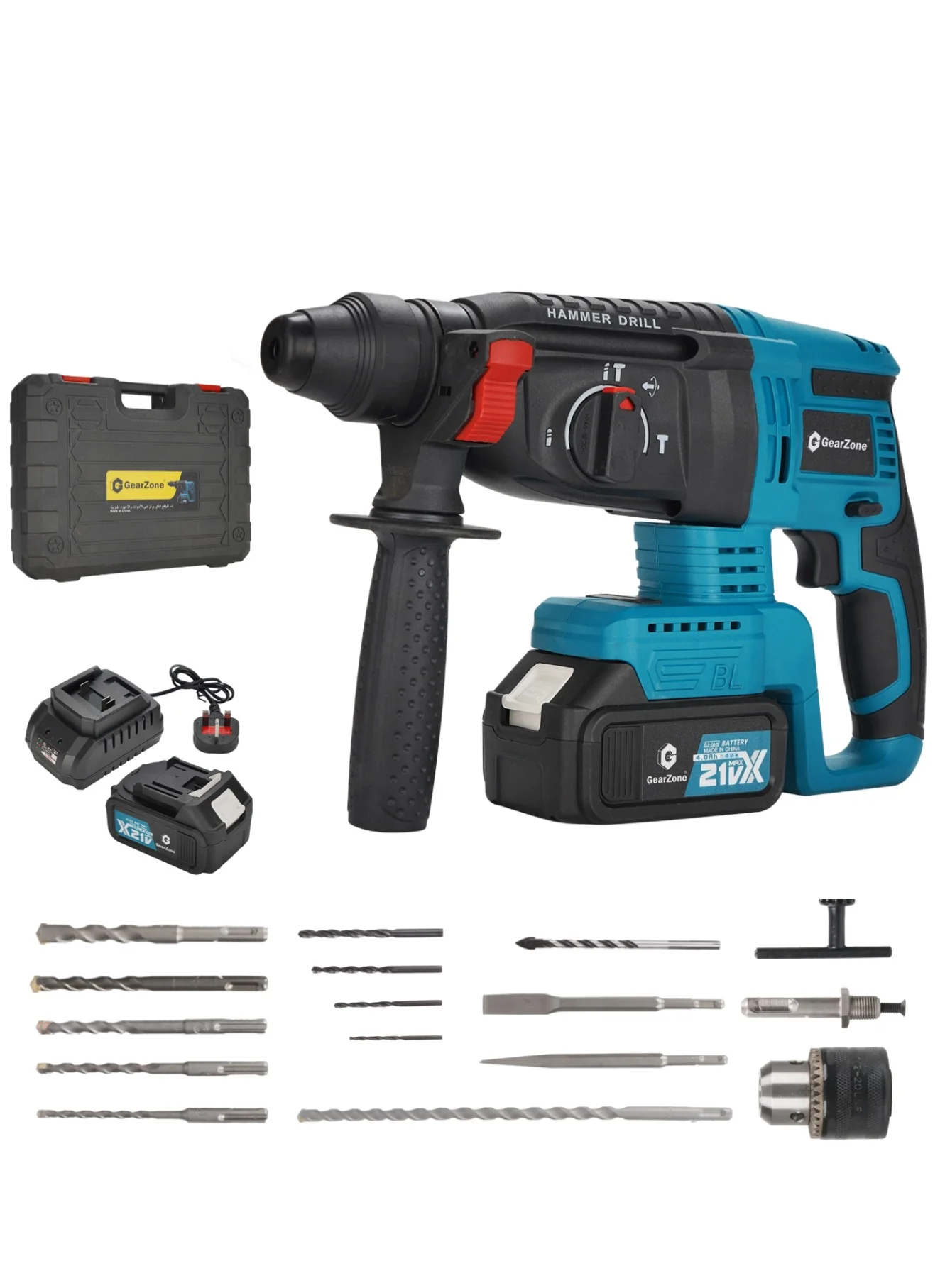 GearZone Cordless Electric Hammer Drill 21V High Power Professional Power Tool Set for Concrete and Wood Drilling (Blue, 17pcs Accessories) svu82