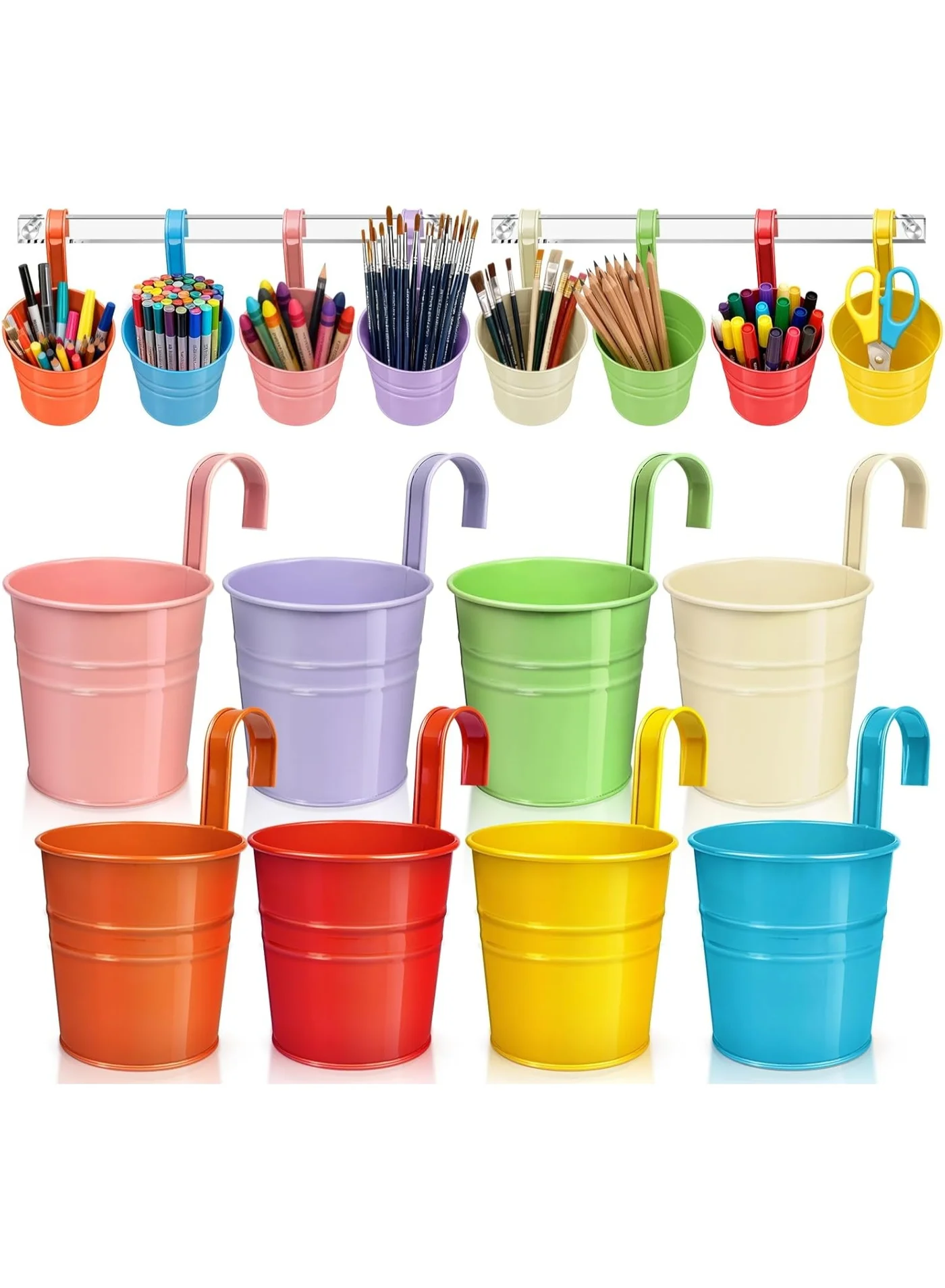 Arabest Metal Pencil Holder and Crayon Organizer Set with Wall Hanging Rack (8 Pack, 10 cm) u5hxp