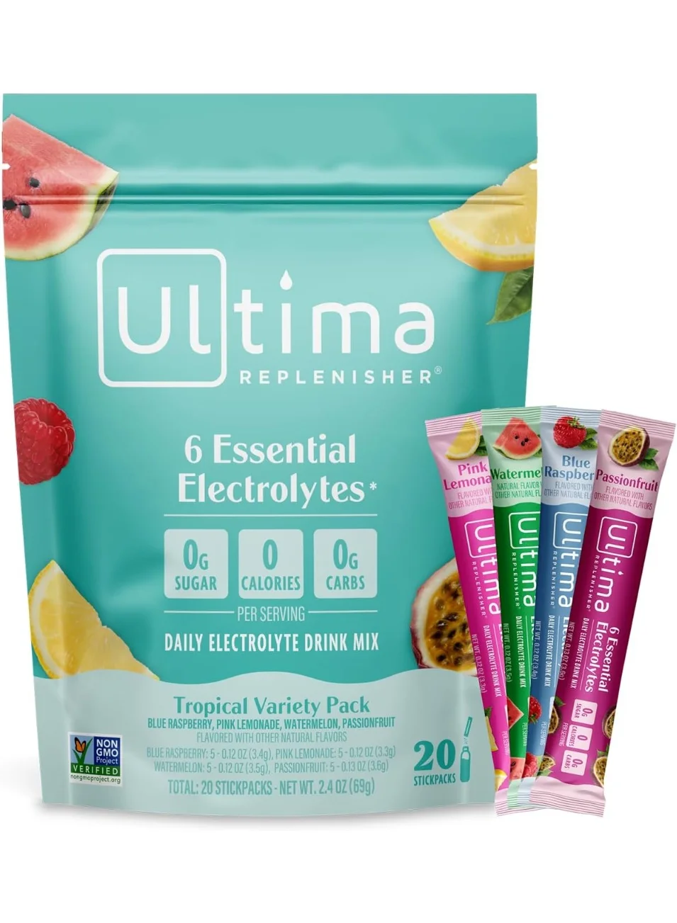 Ultima Replenisher Daily Electrolyte Powder Drink Mix Tropical Variety (20 Stickpacks) bhubk