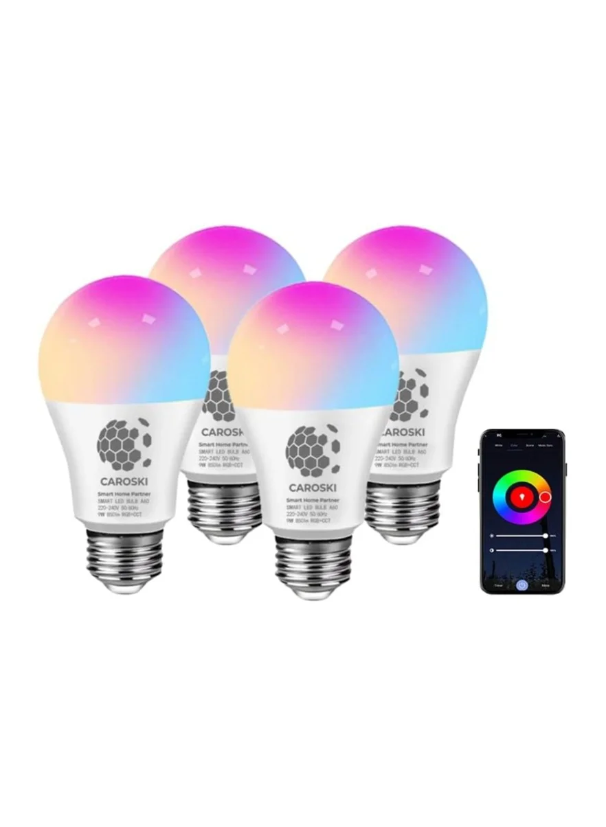 CAROSKI Smart LED Light Bulb (9W, Multi-Color, Pack of 4) Wi-Fi Enabled Home Lighting for Voice Control 8n2wp