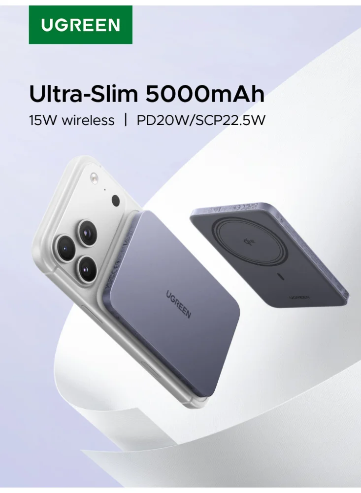 Ugreen Ultra-Slim Magnetic Wireless Power Bank 15W Fast Charging Battery Pack (Grey, 5000mAh) tasni