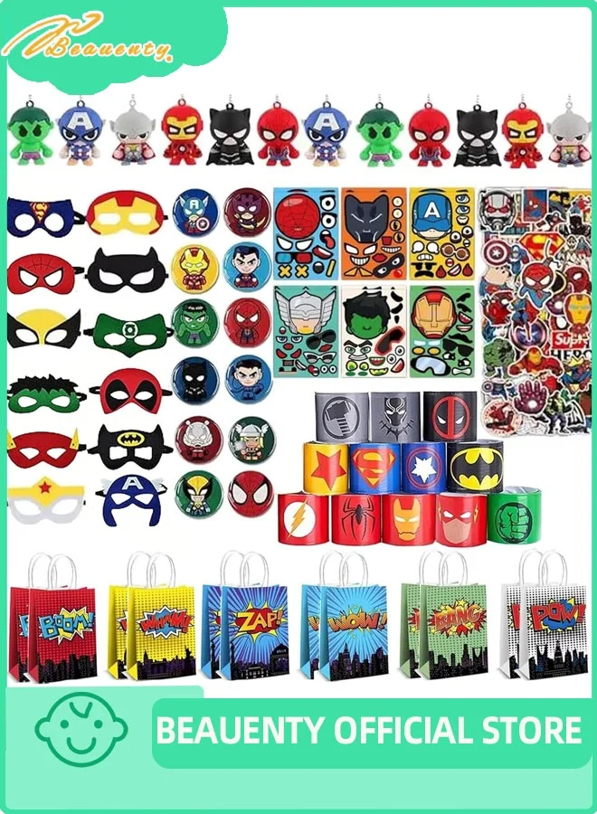 Beauenty Superhero Birthday Party Favor Set, Complete Activity Pack with Masks, Bracelets, and Stickers (122 Pieces) djvq6
