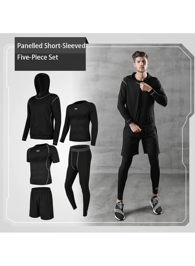 Joychic Men's 5-Piece Sports Running Set Premium Breathable Moisture-Wicking Gym Apparel (Black, L) vu02l