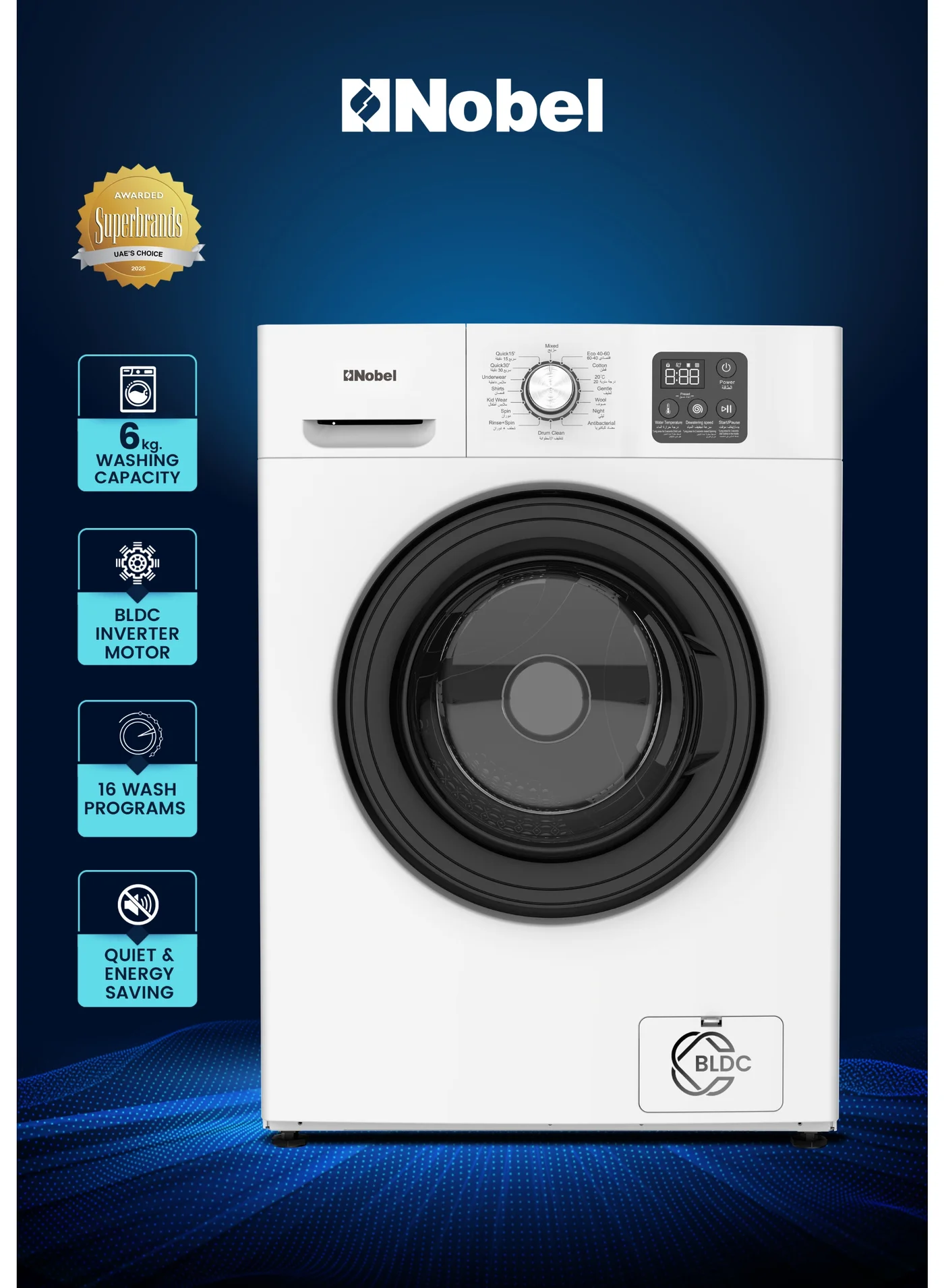 Nobel Front Load Fully Automatic Washing Machine, 16 Wash Programs, Energy Saving, High-Temp Sterilization, LED Display (White, 6 kg) 62uv3
