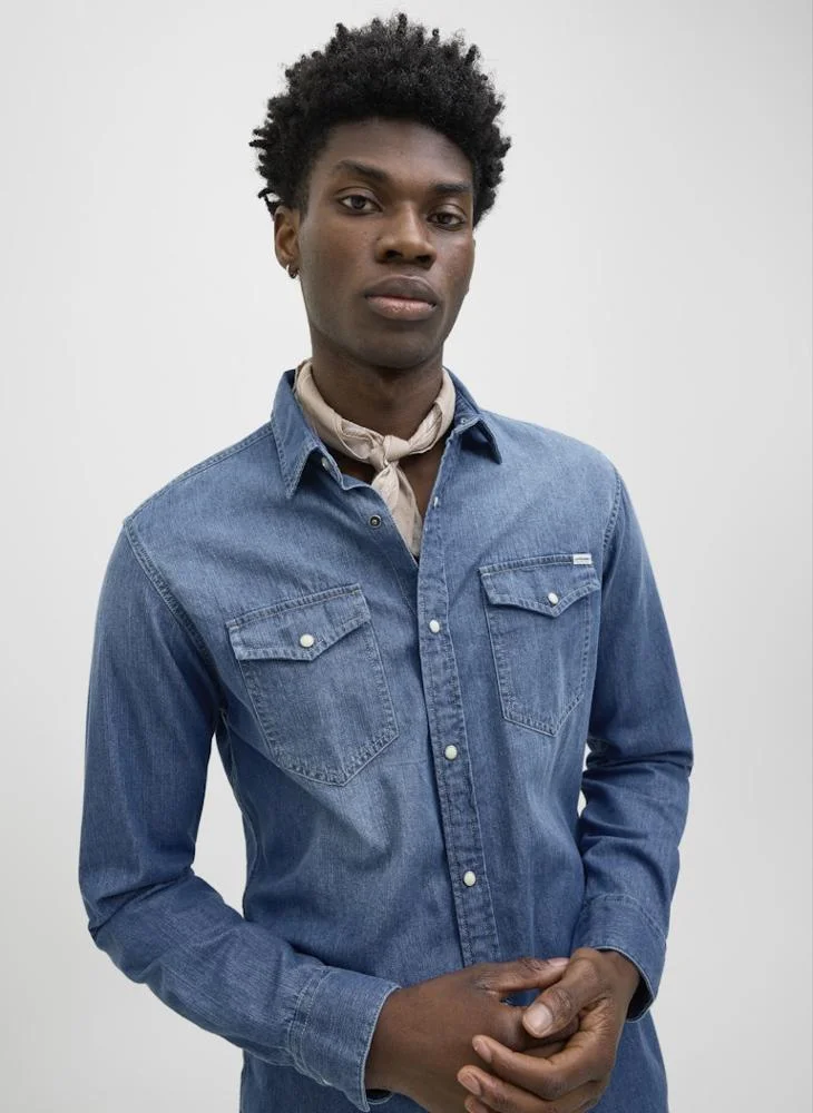 JACK & JONES Casual Regular Fit Denim Shirt Premium Cotton Long Sleeve Button-Down For Men (Blue, Large) nr1nu