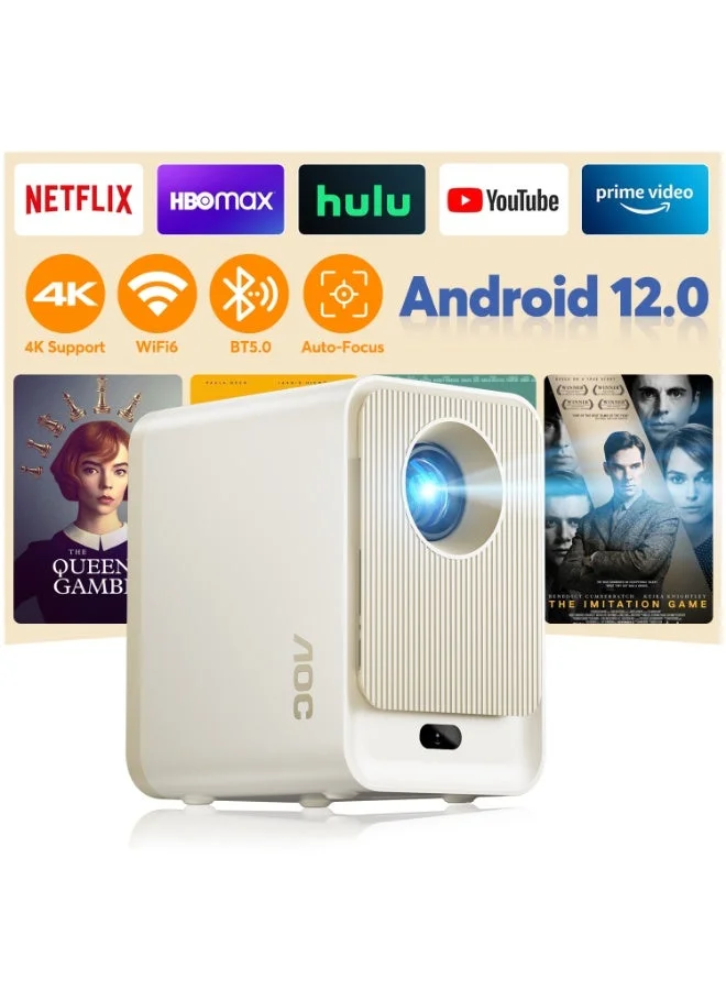 Premium 1080P Smart Projector with Auto Focus, Android 12.0, WiFi 6, Bluetooth 5.0, 300 ANSI Lumens, Portable Home Theater for Indoor and Outdoor Use (250-inch) 1plkj