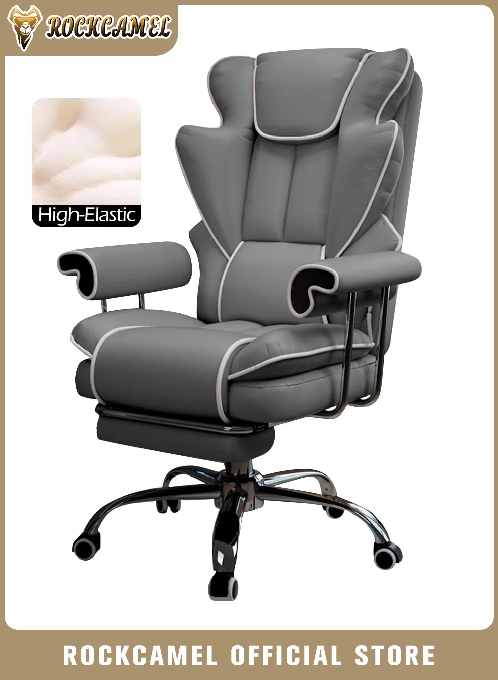 ROCKCAMEL Ergonomic Gaming Office Chair with Retractable Footrest and Lumbar Support (Grey, High Back) ijj6x