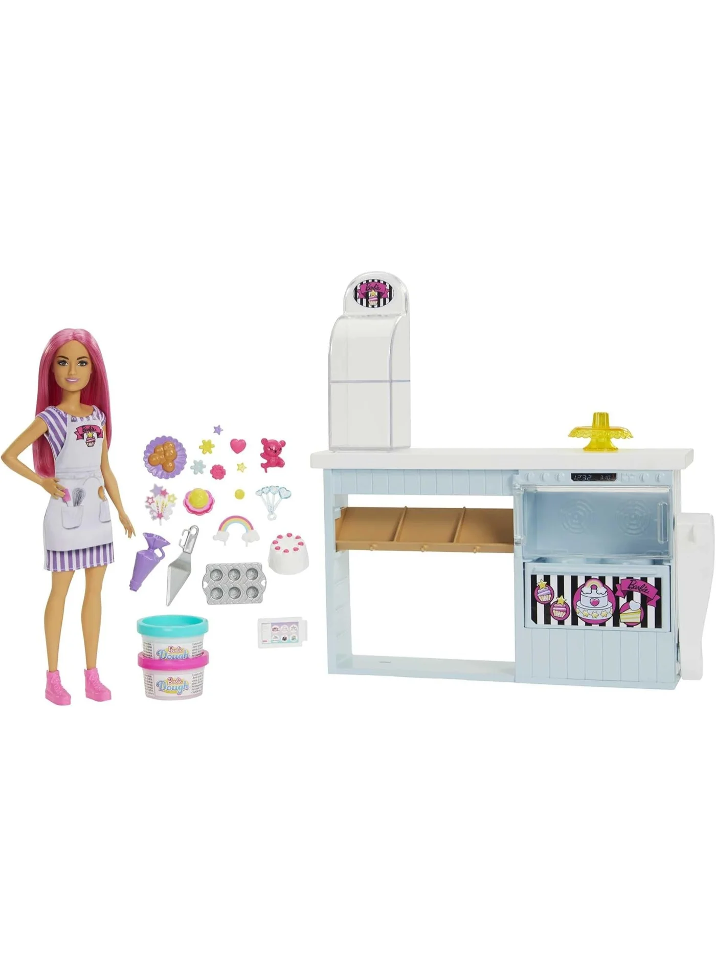 Fashion Doll Bakery Playset with 30 cm Petite Doll and 20+ Realistic Kitchen Accessories (Pink Hair, Kids) whl04