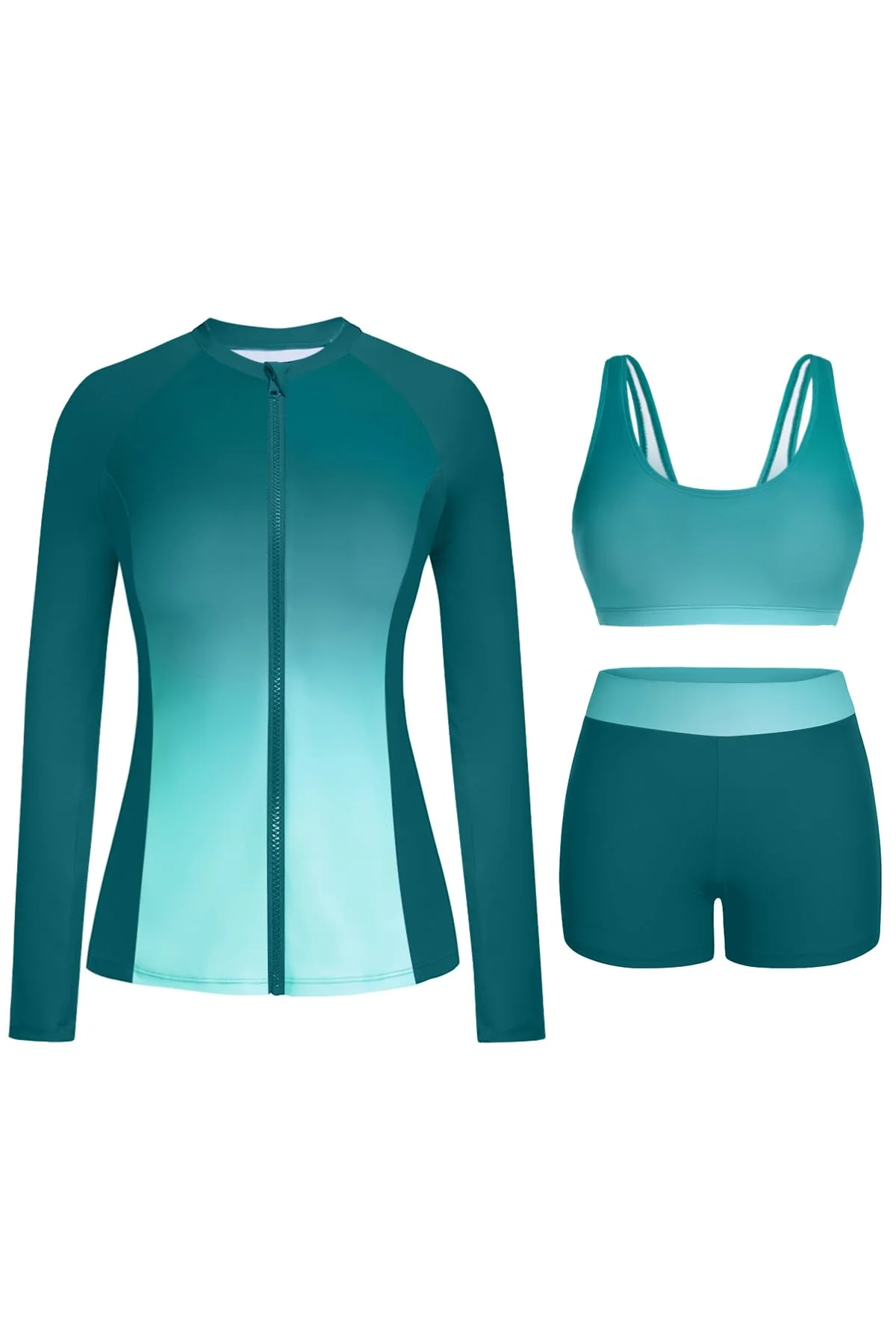 Premium Gradient Long Sleeve Rash Guard Swimsuit Set for Women (Green, M) - 3-Piece UV Protection Swimwear with Zipper and Built-in Bra e9ebp