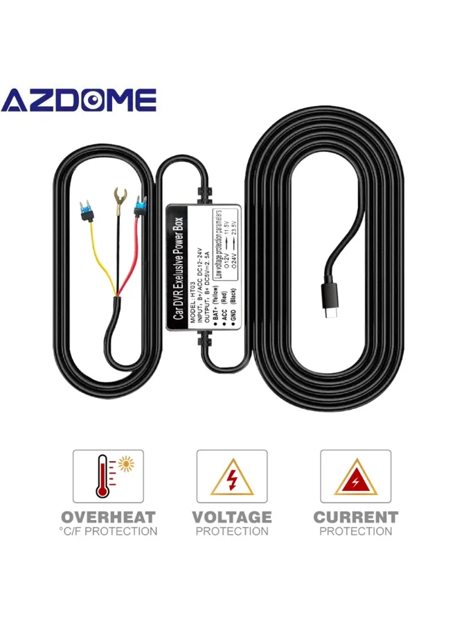 AZDOME HT03 Dash Cam Hardwire Kit Type-C USB Cable with Fuse (12V-24V to 5V/2.5A, 3.5m) 37zbr