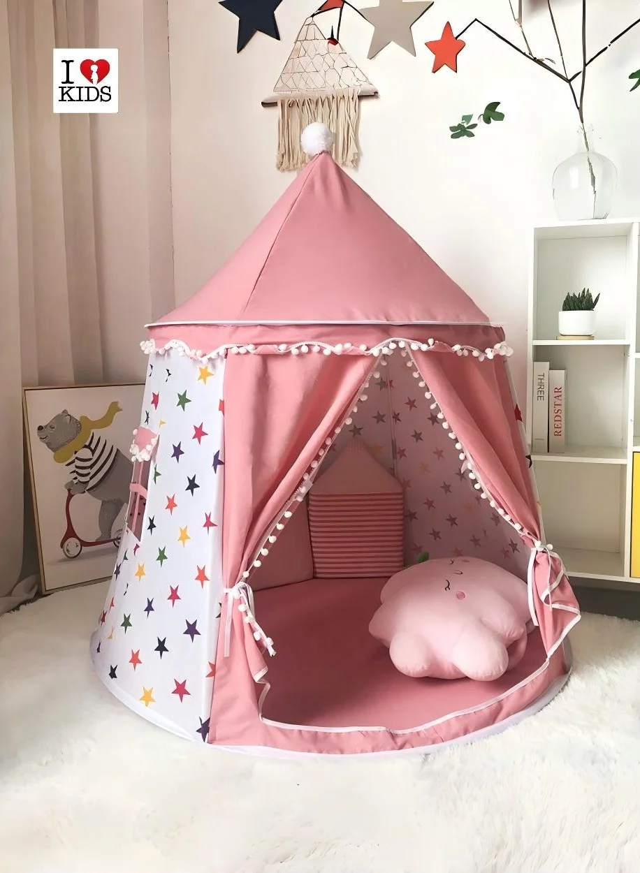 I LOVE KIDS Cotton Play Tent Castle Playhouse Foldable Indoor Outdoor Activity Space (Pink, 110cm x 110cm x 130cm) 5qa55