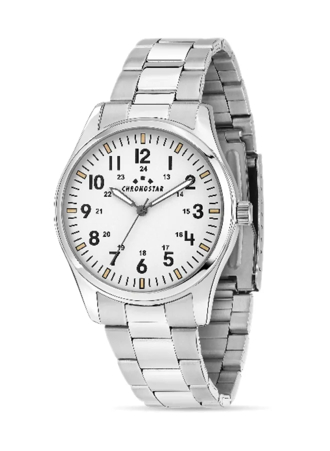 Chronostar Men's Analog Watch with Silver Stainless Steel Band and White Dial (39mm) 3gg7k