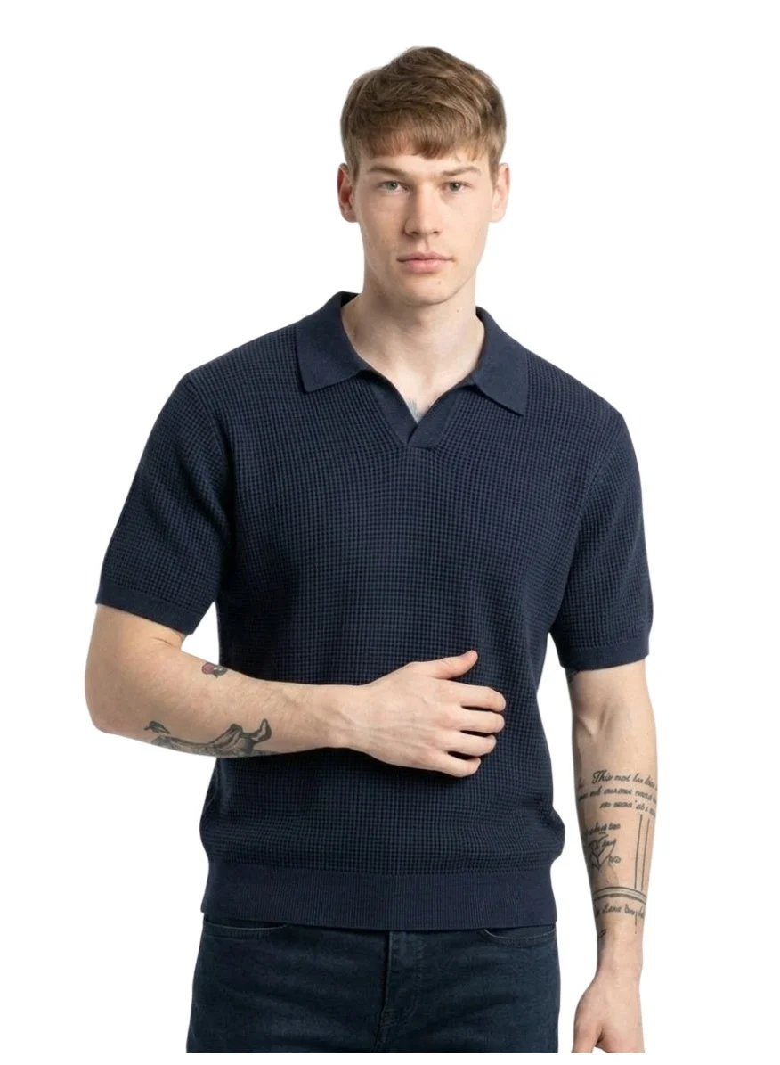 Premium Textured Knit Polo Shirt for Men (Navy Blue, Size L) 9472x