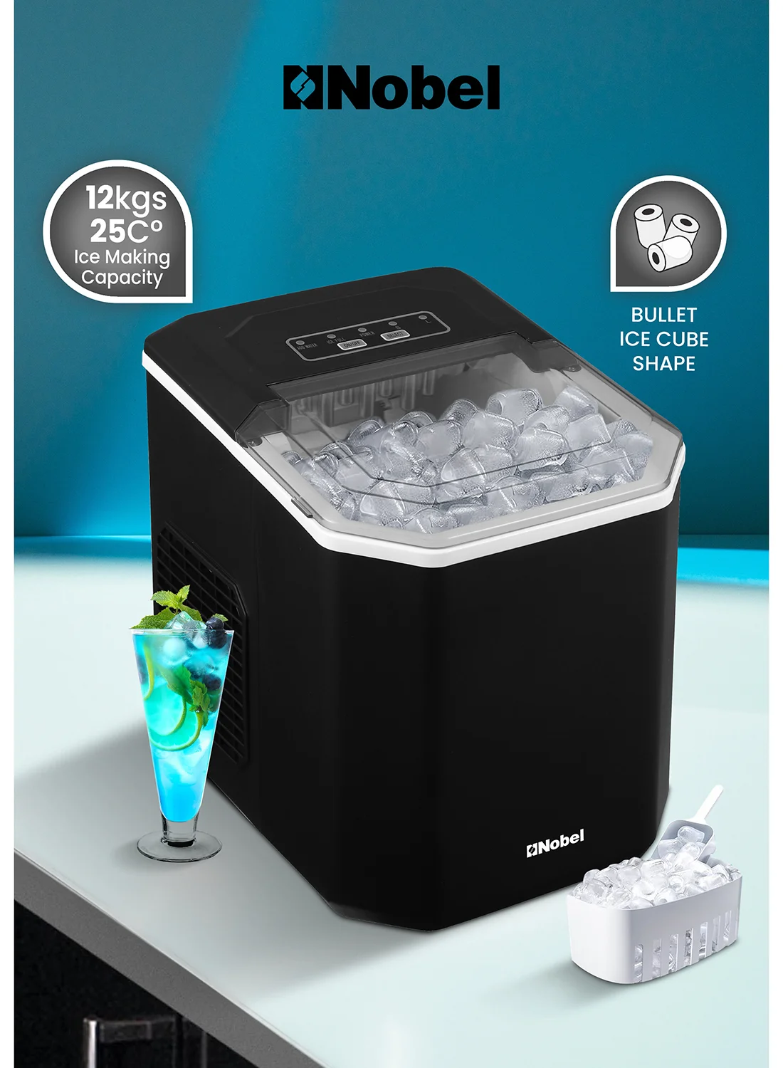 Nobel Portable Ice Maker Machine, 12kg Daily Capacity, 1.3L Water Tank, Bullet Ice Cubes, LED Display, Compact Freestanding Design (Black) hpejs