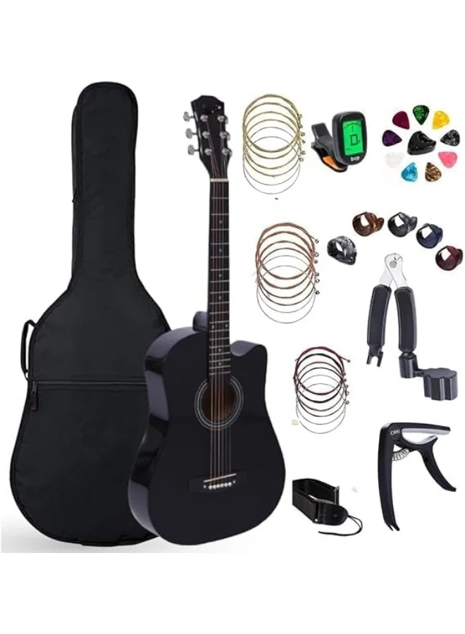 Megarya 38-inch Acoustic Guitar Starter Kit 6-String Wooden Musical Instrument for Beginners (Black, 96 cm) v46hk