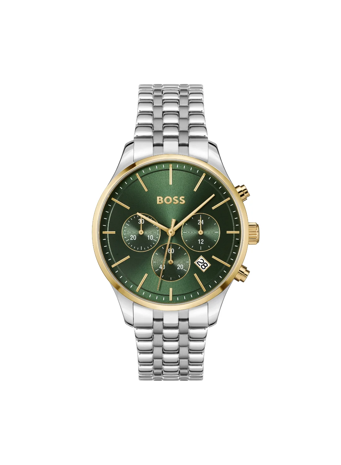Premium Round Chronograph Men's Watch with Green Case and Stainless Steel Band (44mm) hcm0c