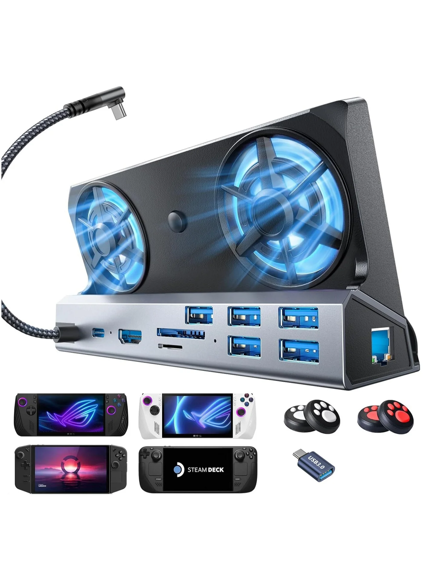 LAESO 10-in-1 Gaming Console Docking Station with Dual Cooling Fan 4K 60Hz HDMI Gigabit Ethernet and 100W Power Delivery for Handheld Consoles uv5mz