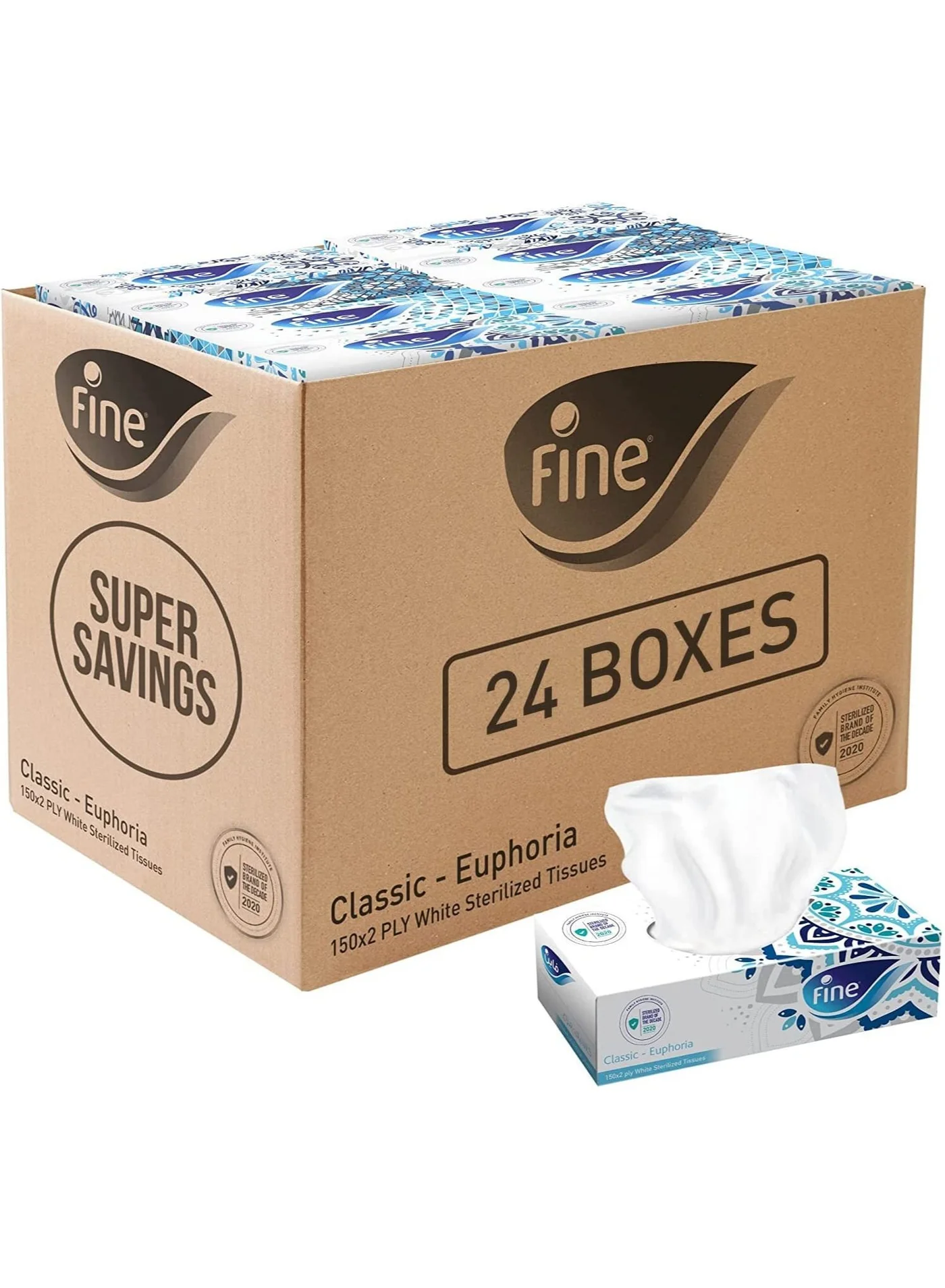 Fine Classic Euphoria Facial Tissues 2-Ply Soft Paper (150 Sheets, Pack of 24) Premium Sterilized Hygiene Tissues for Home and Office 5j5wl
