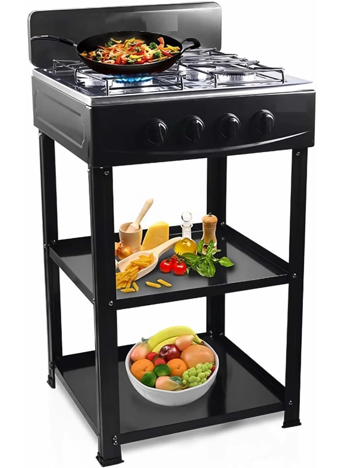 Olympia 4 Burner Gas Stove with Wind Guard and Storage Shelves, Portable Outdoor Cooking Station with Removable Leg Stand (Black, 1 Unit) pbxpt