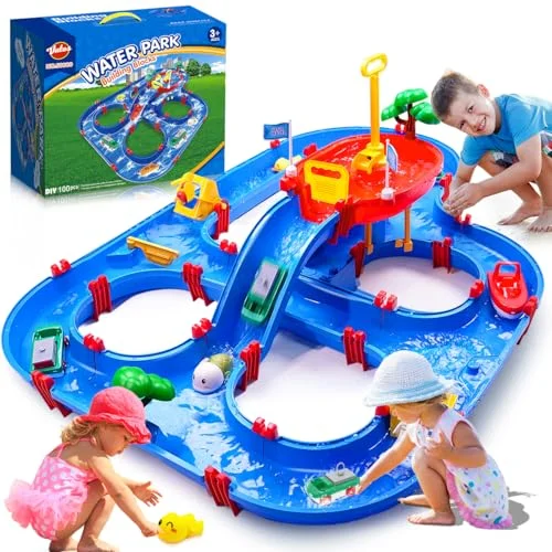 VATOS 2-Tier Water Table Playset with Pump and 100-Piece DIY Accessories for Outdoor Sensory Play (Kids, 1 Set) z019j