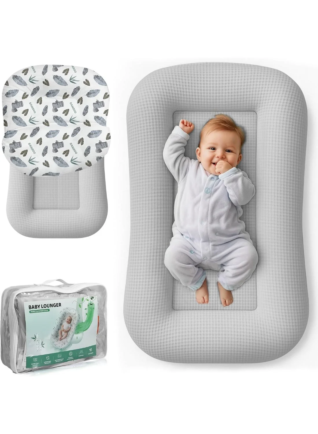 Bukela Baby Lounger Nest for Newborns and Infants, Breathable Waffle Fabric with 3D Support, Portable Cooling Bed (Gray, 0-24 Months) c0uc3