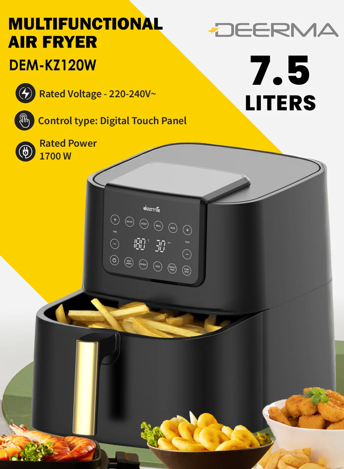 Deerma Digital Air Fryer, Oil-Free Cooking, LED Display, Non-Stick Tray, 1700W Power, Slim Design (Black, 7.5 L) oyv2z