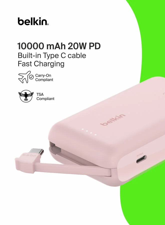 Premium Portable Power Bank 10000mAh with Integrated Cable PD 20W Fast Charging (Pink, 10000mAh) dacan