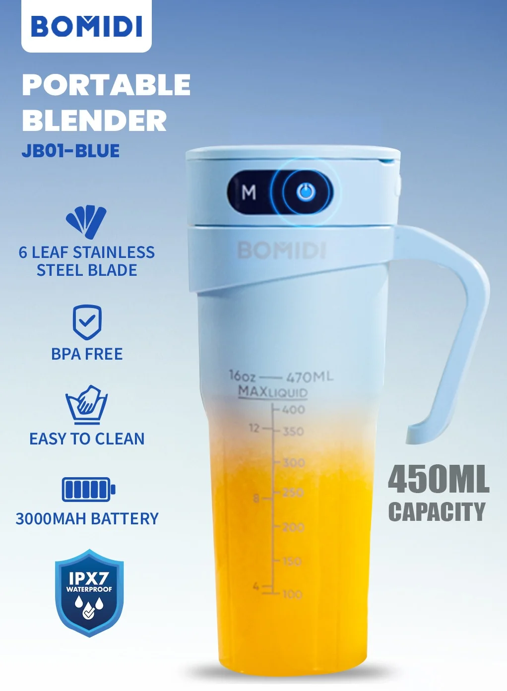 BOMIDI Portable Blender Smoothie Maker with 6-Leaf Stainless Steel Blades Cordless Type-C Charging Waterproof BPA-Free Juicer for Gym & Travel (Blue, 450 mL) 4r8bn