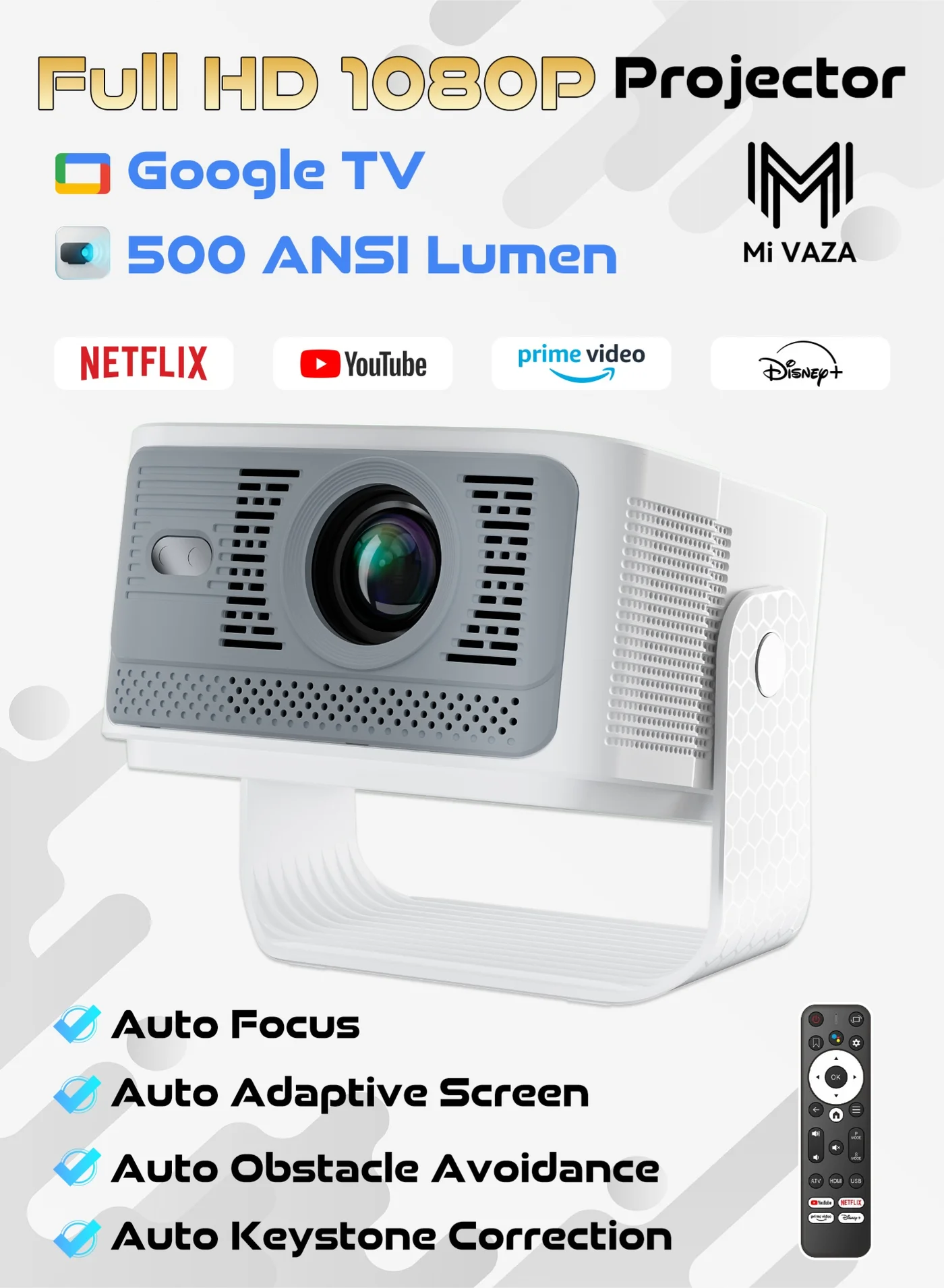 Mi VAZA Smart Projector Native 1080P 500 ANSI Lumens 4K Support Auto Focus Auto Keystone Correction Home Cinema (Black) mk95n