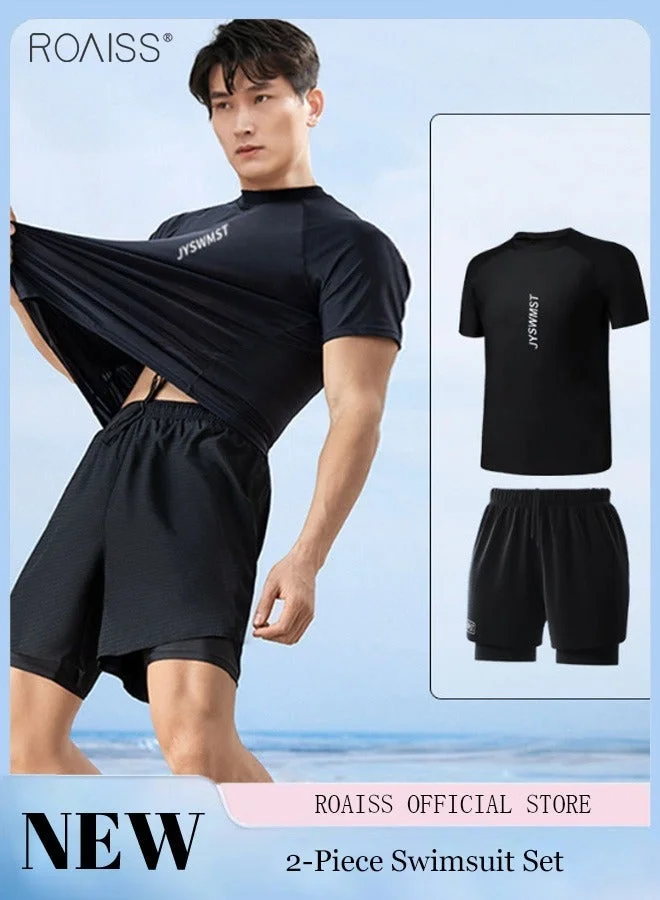 Roaiss Men's 2-Piece Swimsuit Set Quick-Drying Professional Swimwear with Sun Protection (Black, Large) av6jv