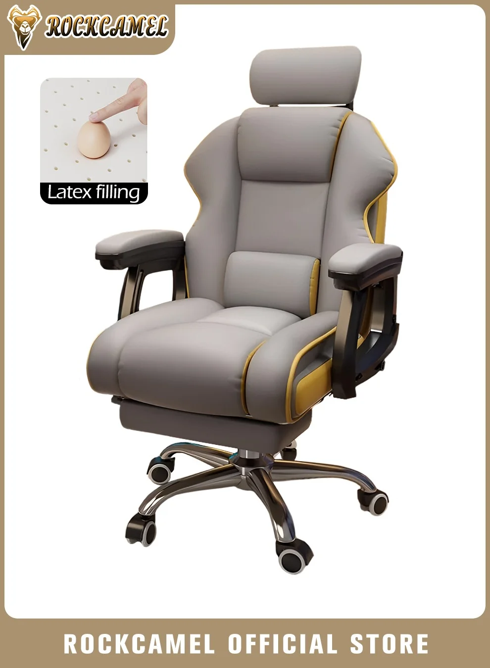 ROCKCAMEL Ergonomic Gaming Chair with Retractable Footrest and Lumbar Support (Premium PU Leather, Adjustable Height, Steel Base) ofdha