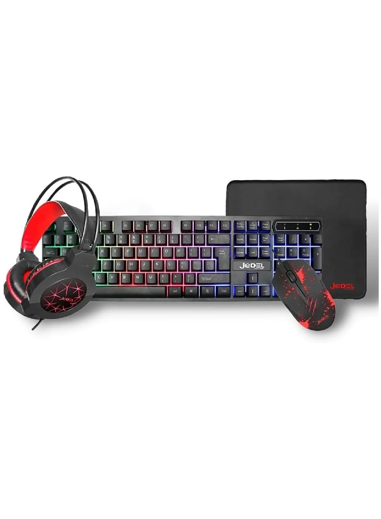 JeDEL 4-in-1 Gaming Keyboard and Mouse Bundle with RGB Backlight Headset and Mouse Pad for PC and Console (Black, 1 Set) le4lk