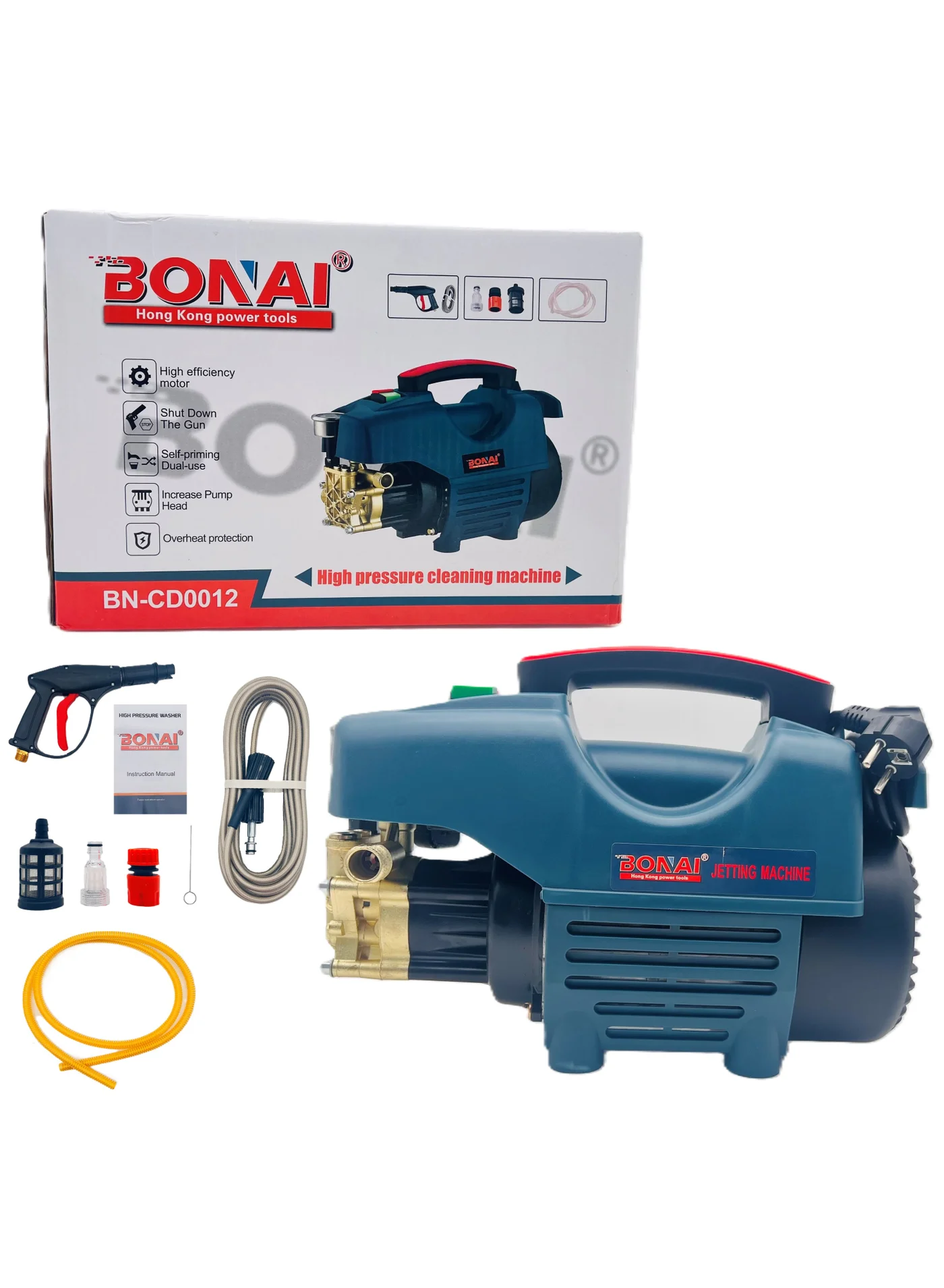 Bonai High Pressure Washer, 2000W Electric Cleaning Machine, 250 Bar Power, Self-Priming Dual-Use System for Home and Outdoor Cleaning (2000W) gitba