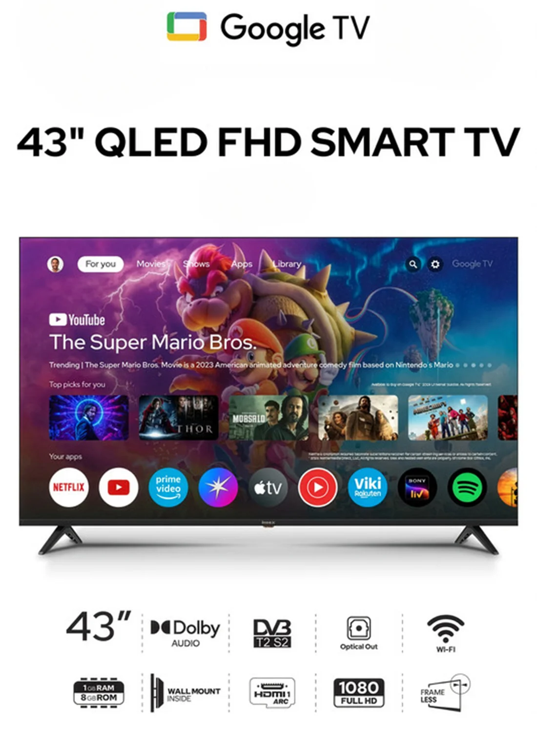 Impex 43 Inch QLED Smart TV Full HD Bezel-Less Display with Voice Remote (Black, 108 cm) lyrcj