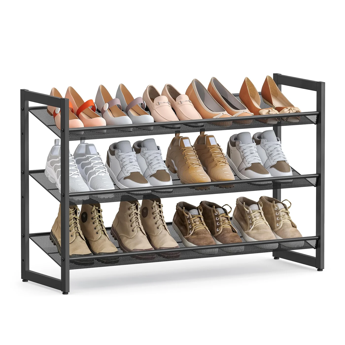Premium Metal Shoe Rack 3-Tier Organizer Stackable Storage Shelf with Adjustable Flat or Angled Shelves for Home and Garage (Black, 9-12 Pairs) aulsz